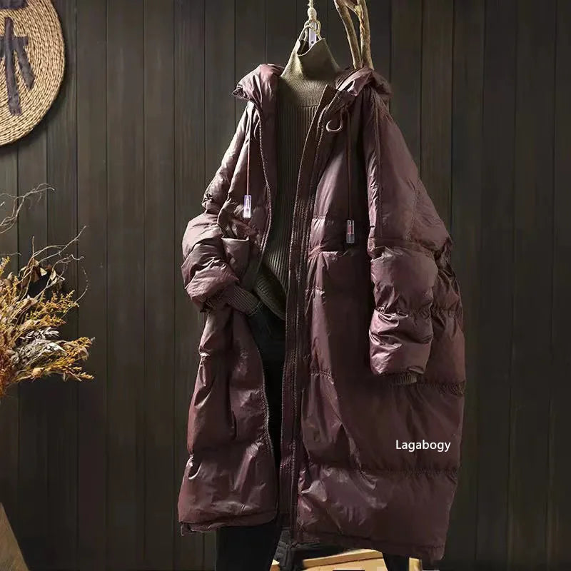 Lagabogy 2025 New Winter Women Oversize Long Puffer Coat Female Thick Warm White Duck Down Jacket Hooded Loose Parkas Outwear