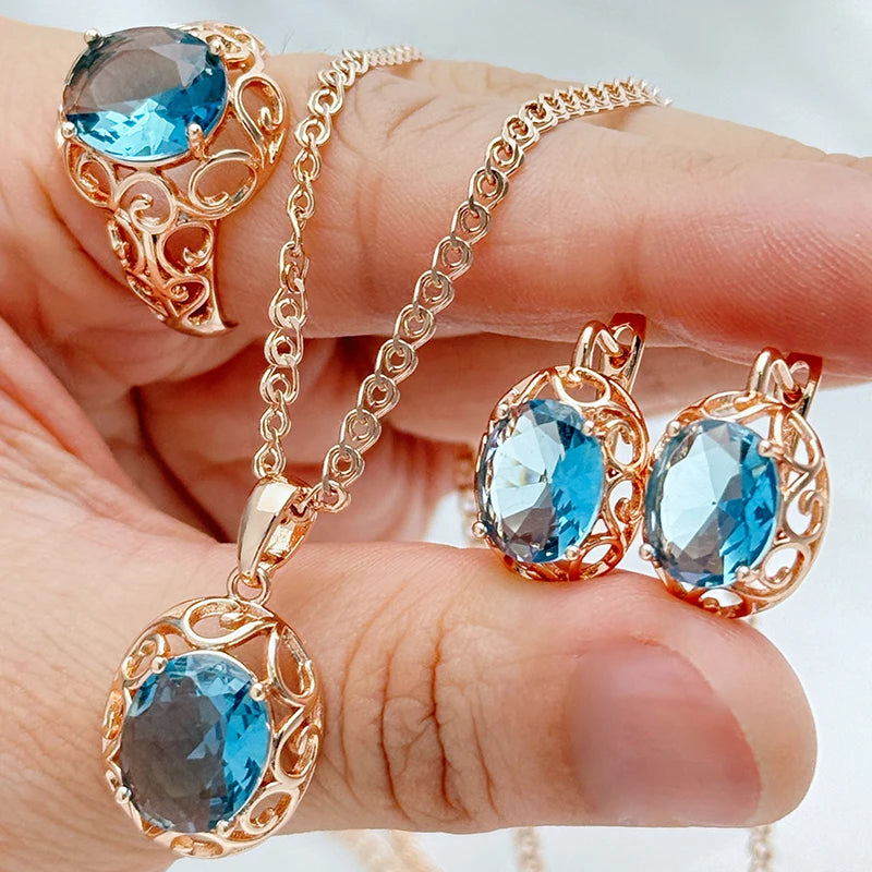 Cubic Zirconia Jewelry Set Ring Earrings Necklace — Blue | KIMLUD