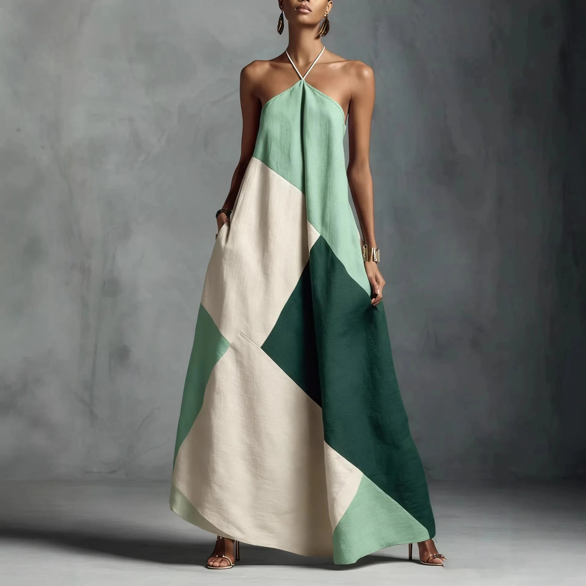 Dress – Cross Color Print – Polyester Elastane – Loose Ankle Length | KIMLUD