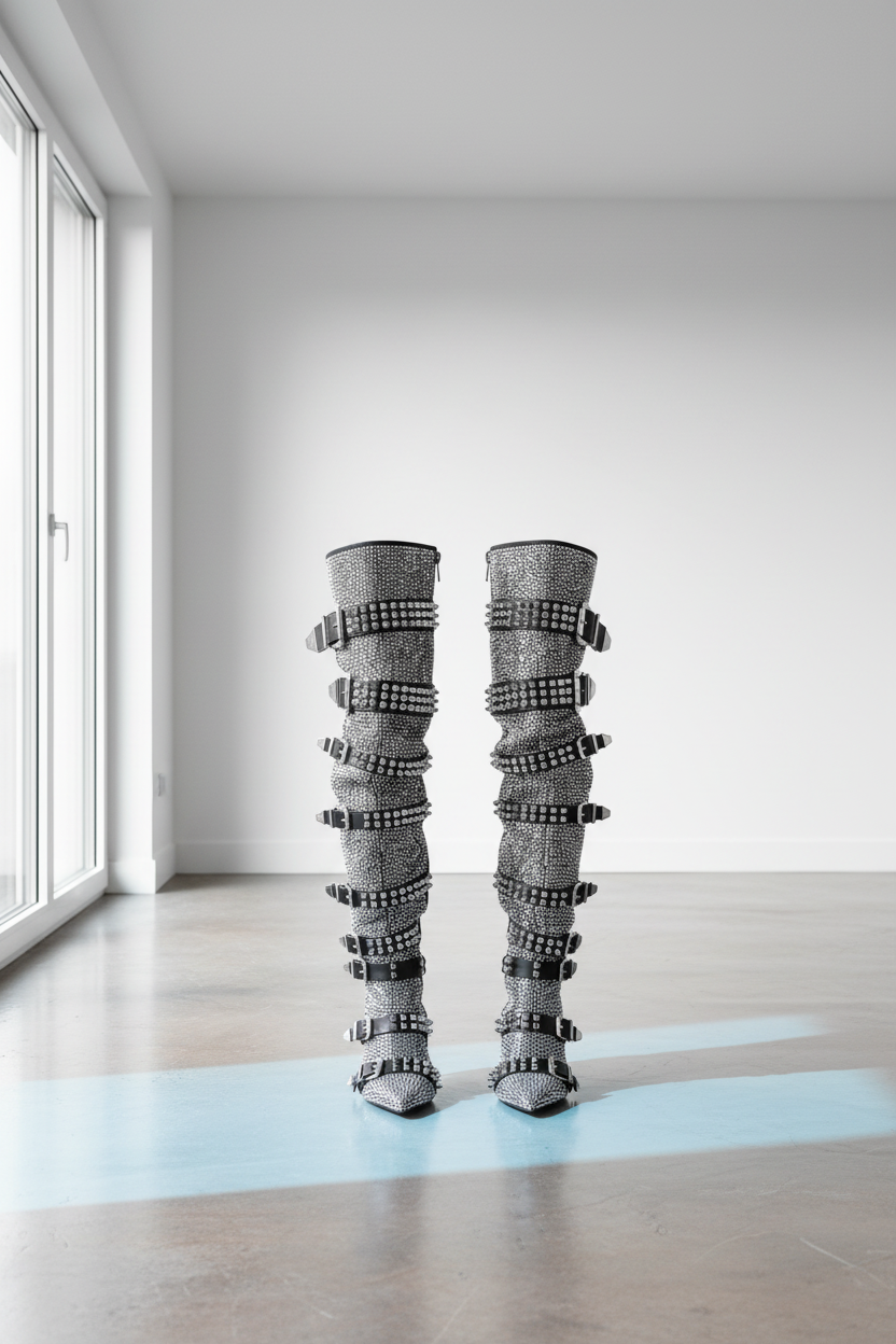 Crystal Buckles Over-The-Knee Boots With Rivets And Pointed Toe — Silver | KIMLUD