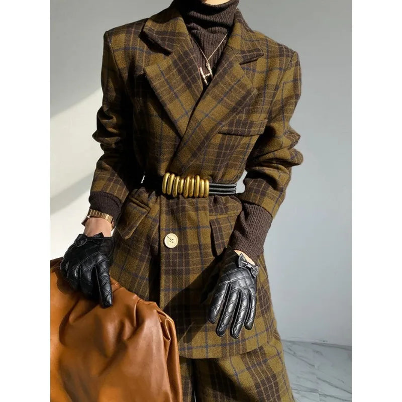 Woolen Blend Jacket Plaid Notch Collar Long Sleeve — Charcoal | KIMLUD