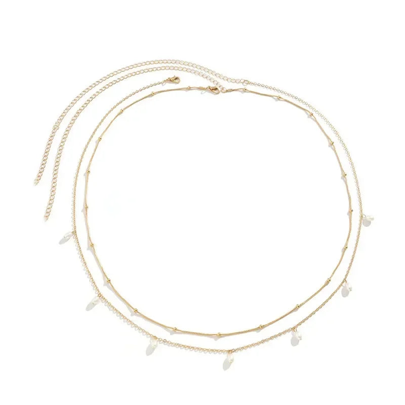 Pearl Chain Belly Belt Double Layer — Silver | KIMLUD