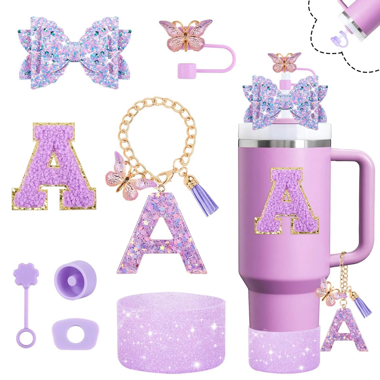 8pcs Cup Accessories Set for Stanley Cup 30oz 40oz tumbler Straw Topper Cover, Boot, Spill Proof Stoppers, Handle Charms Sticker