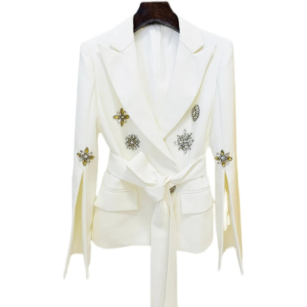 TWOTWINSTYLE Solid Slimming Spliced Bead Coat for Women Lapel Long Sleeves Patchwork Lace Up Temperament Jackets Female Clothing