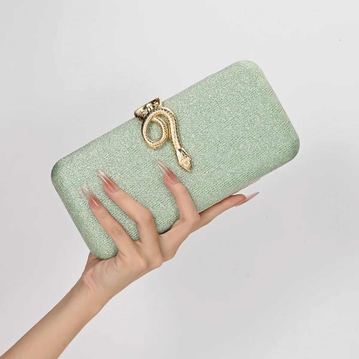 Snake Buckle Satin Evening Purse Sparkling Crystal Embellished — Champagne Pink | KIMLUD
