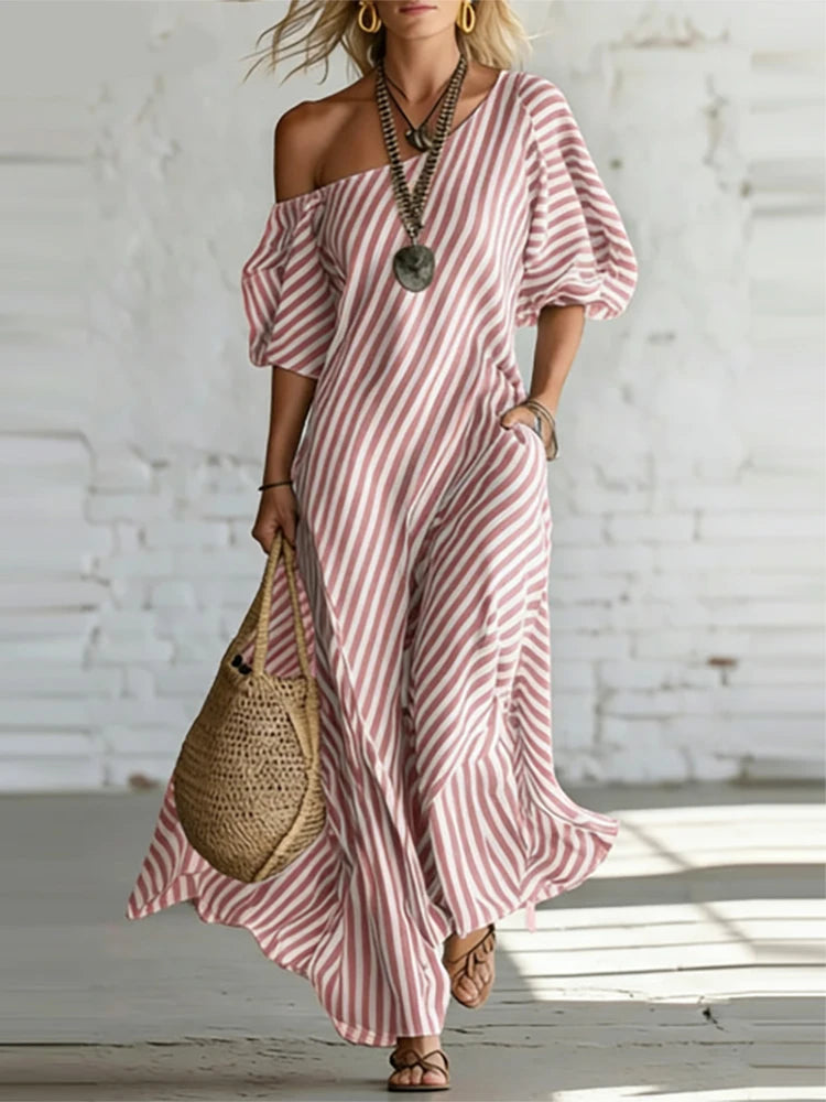 Single-Shoulder Bubble-Sleeve Dress Striped Print Loose-Fit — Black And White | KIMLUD