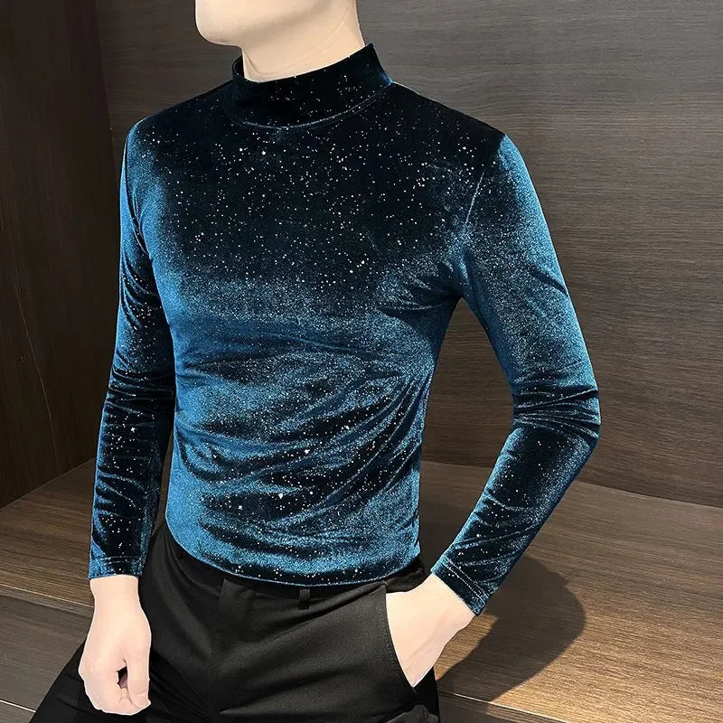 Velvet Gold T Shirt Mock-Neck Long-Sleeved Starry Sky With Subtle Tatting Texture — Gold | KIMLUD