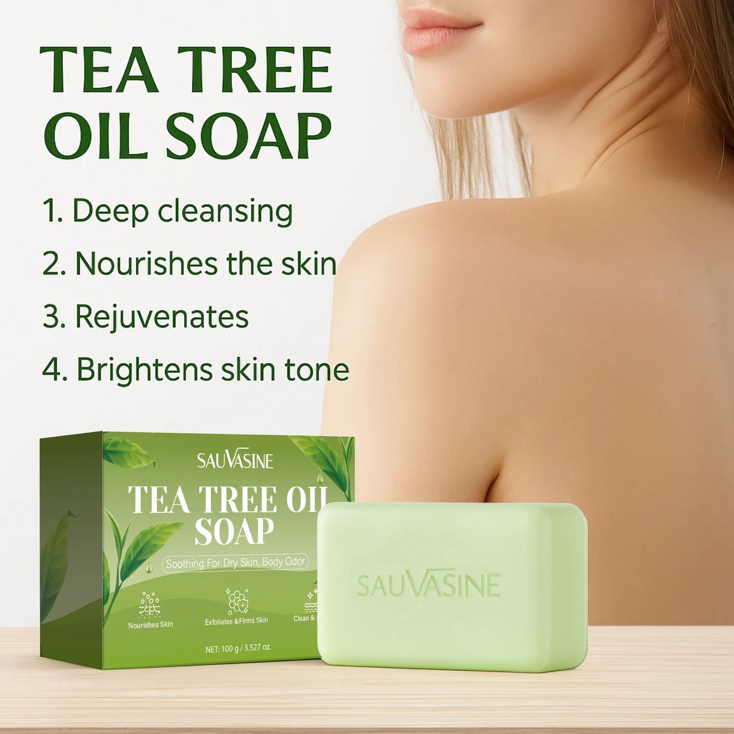 Tea Tree Oil Soap Bar for Men & Women, Deep Cleansing, Soothing for Dry Skin, Body Odor Care, Exfoliates & Firms Skin, 100g