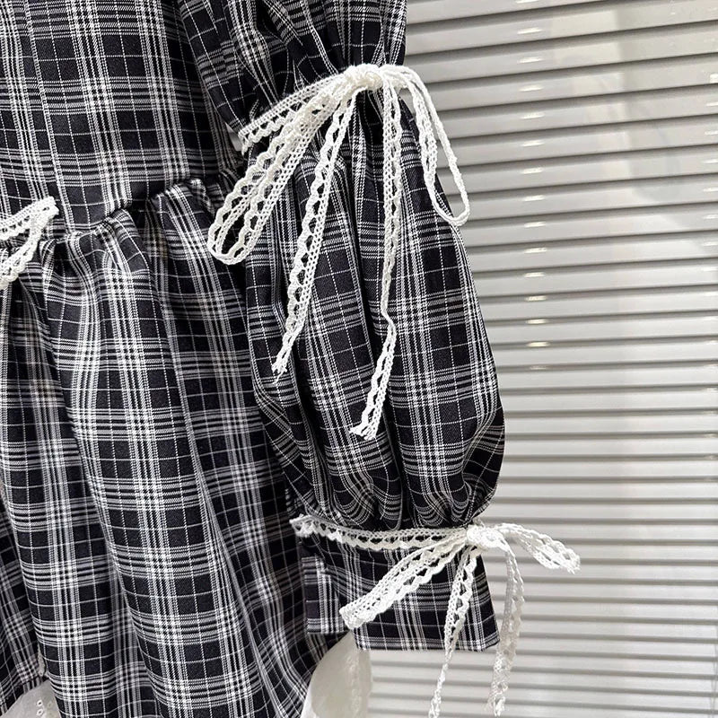Shirt Dress – Plaid Bow Tie Long Sleeve – Polyester | KIMLUD