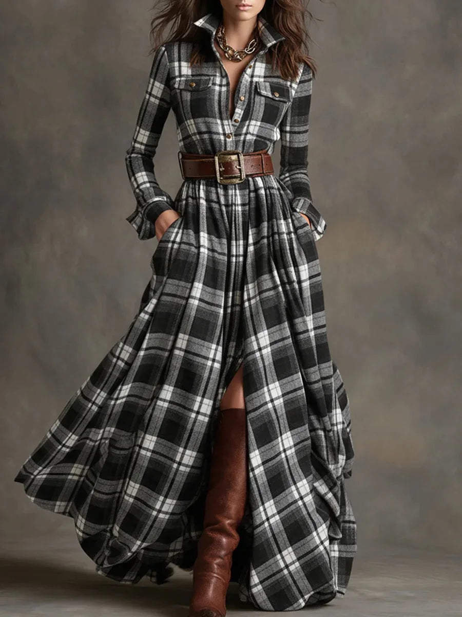 Long Sleeve Shirt Dress – Grid Printed – Jersey – Loose Fit | KIMLUD
