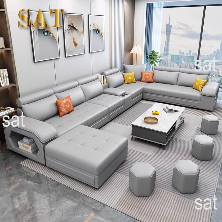 U-Shaped Fabric Sofa Set 7-Seater With Built-In Speakers — Cobalt Blue | KIMLUD