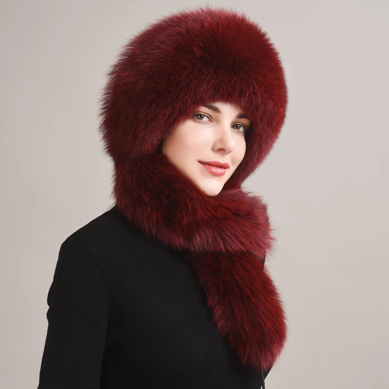 Real Fox Fur Hat With Rabbit Fur Top — Black | KIMLUD
