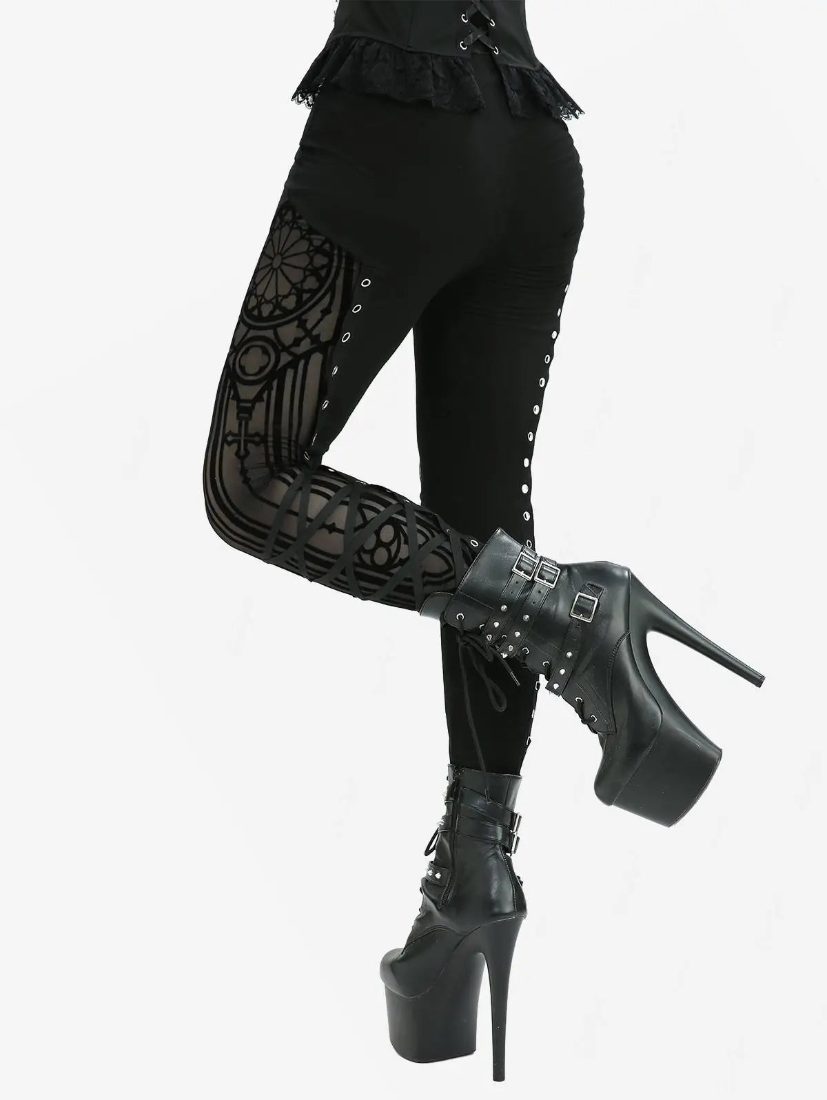 ROSEGAL Gothic Mesh Flocking Patchwork Lace-Up Skinny Pants For Women High Waist Trousers Black Leggings