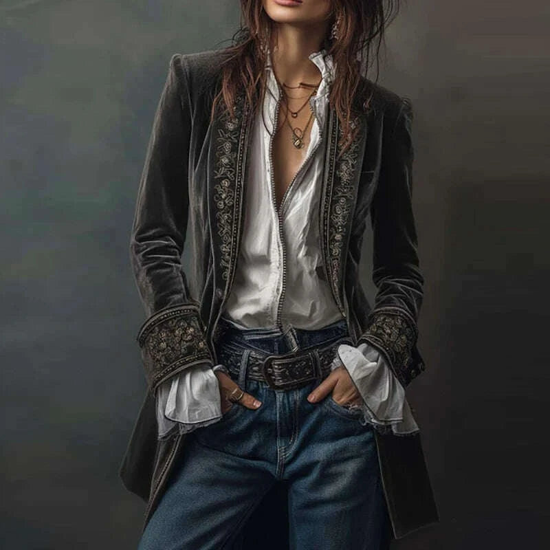 KIMLUD, Ethnic Retro Floral Print Velvet Woman Blazer Jacket Sexy Notched Collar Slim Autumn Outerwear Long Sleeve Winter Cardigans Coat, KIMLUD Womens Clothes