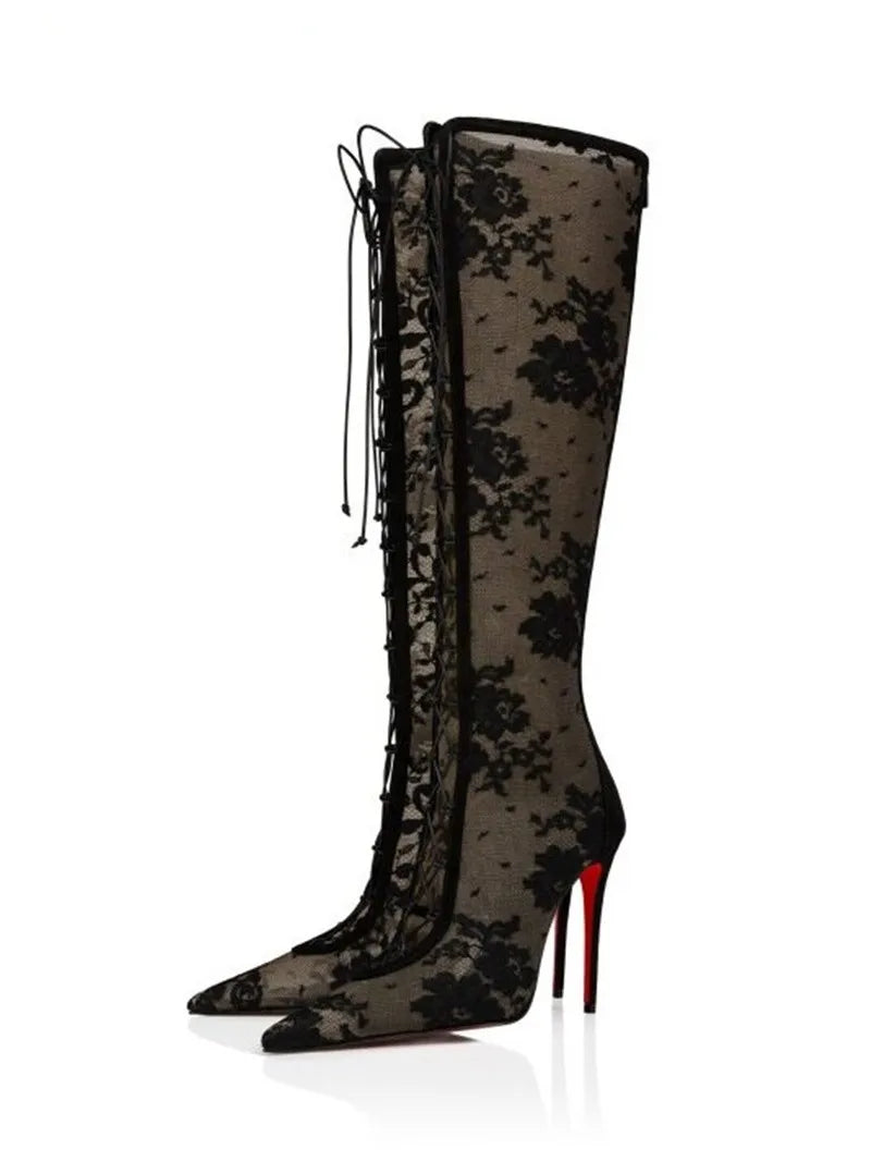 Knee High Boots – Lace Up – Lace Mesh | KIMLUD