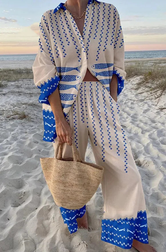 Two-Piece Set – Boho Beach Print – Loose Silhouette | KIMLUD