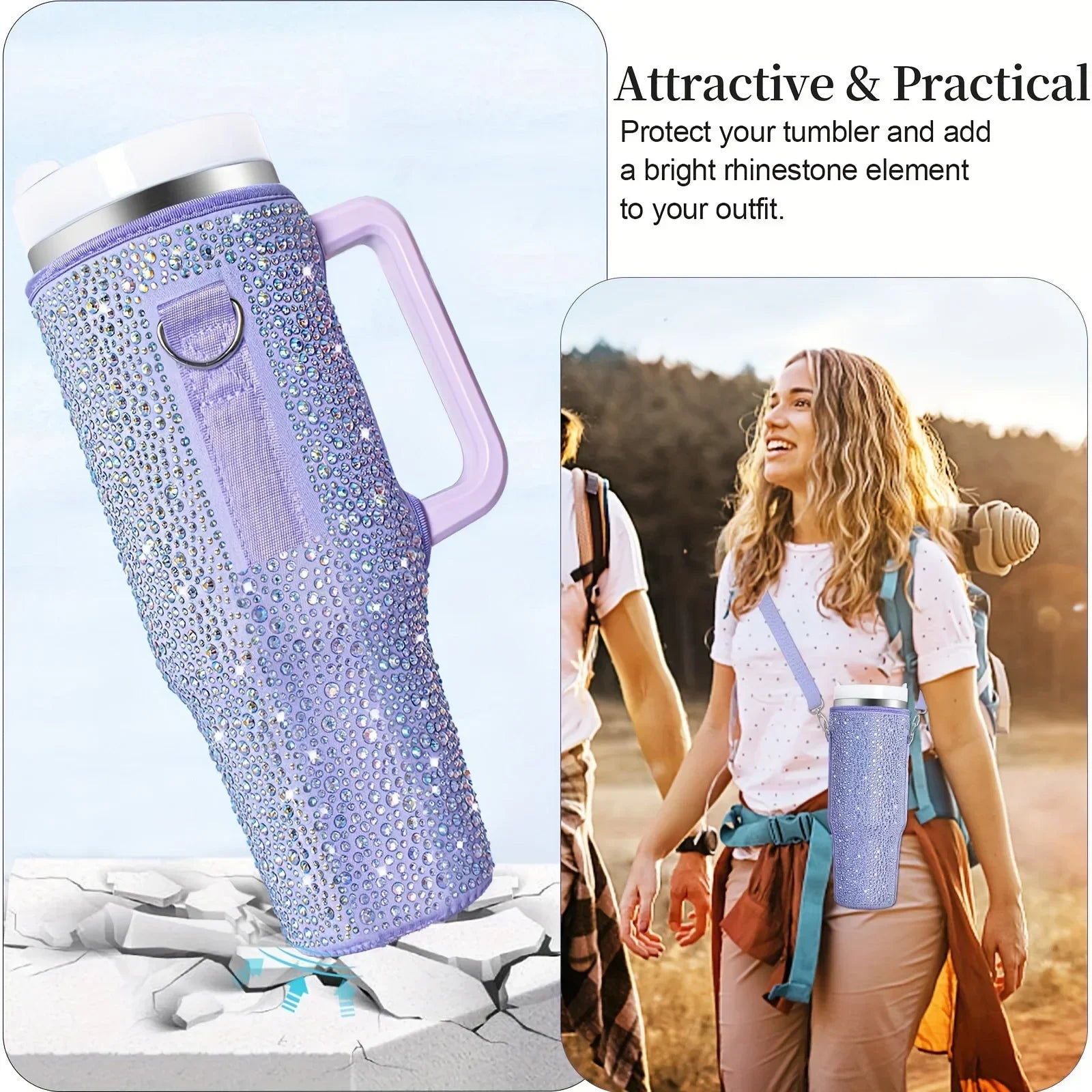 40oz bling shiny rhinestone Water Bottle Bag protecting case For Stanley Quencher Cup Sleeve Strap Pouch