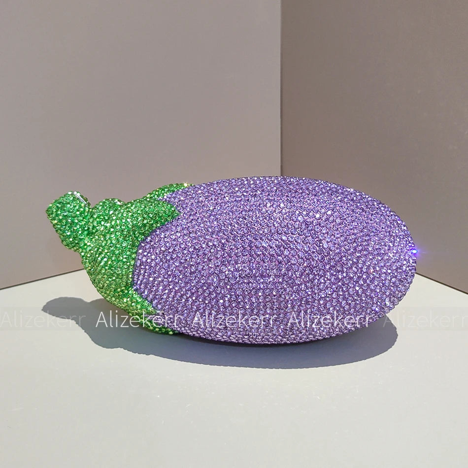 Alizekerr Eggplant Shaped Diamond Evening Bags Women Gorgeous Metallic Rhinestone Purses Ladies Unique Handbags Wedding Party