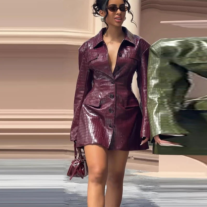 2026 Spring New Leather Blazer Mini Dress For Women Chic Lapel Long Sleeve Pockets Suit Jacket Lady Chic Single Breasted Outwear