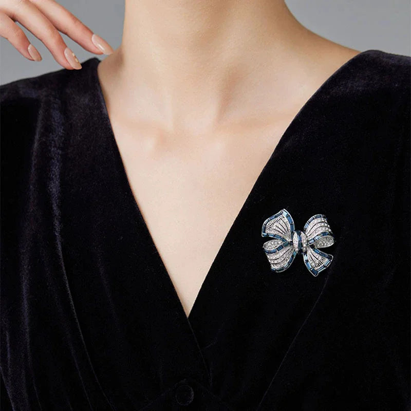 Crystal Bowknot Brooch With Rhinestone Accent — Blue | KIMLUD