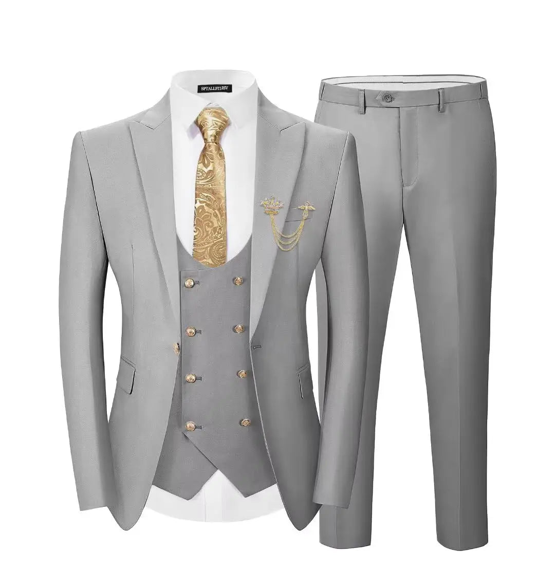 Men's 3-Piece Suit Set Classic One Gold Button Slim Fit Blazer Vest Pants Formal Business Wedding Wear