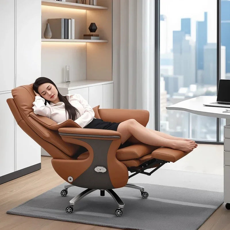 Leather Ergonomic Reclining Gaming Chair — Camel | KIMLUD