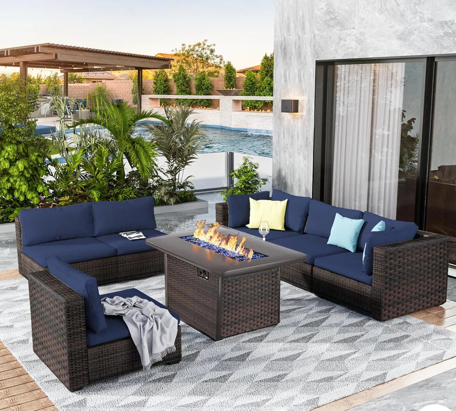 7 Pieces Outdoor Sectional Patio Furniture Set with Fire Pit Table PE Rattan Wicker Patio Sectional Conversation, Customized