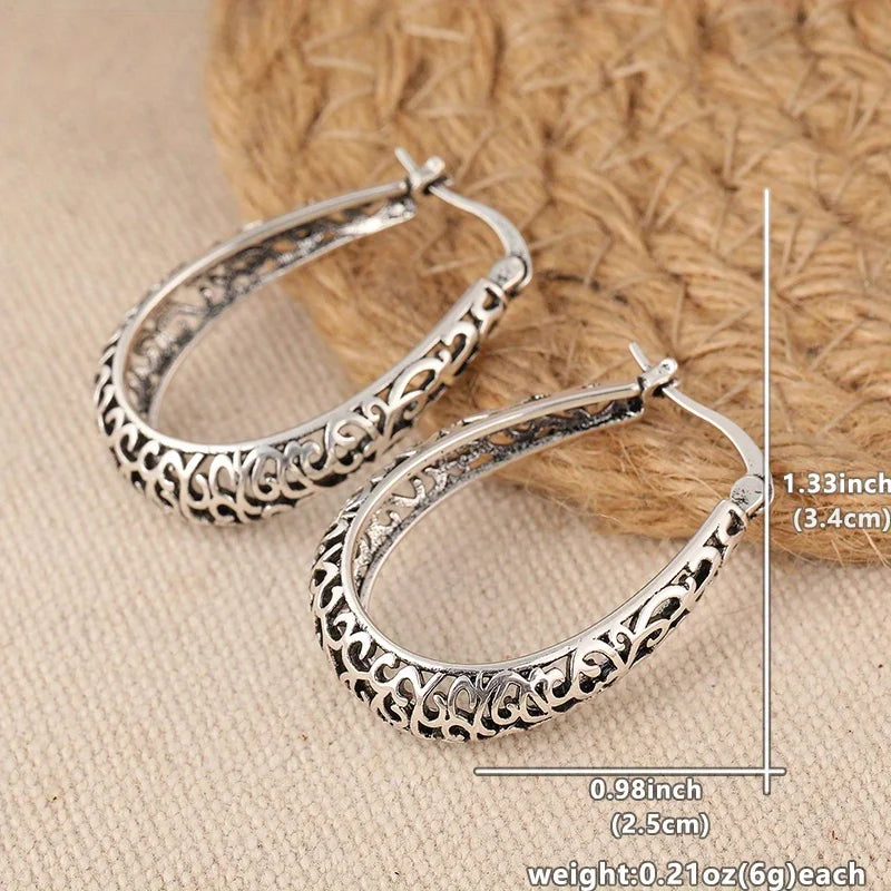 Retro Hollow Floral Carved U-Shaped Earrings Silver Plated  Fashion Hoop Earrings Jewelry For Women Daily Party Banquet