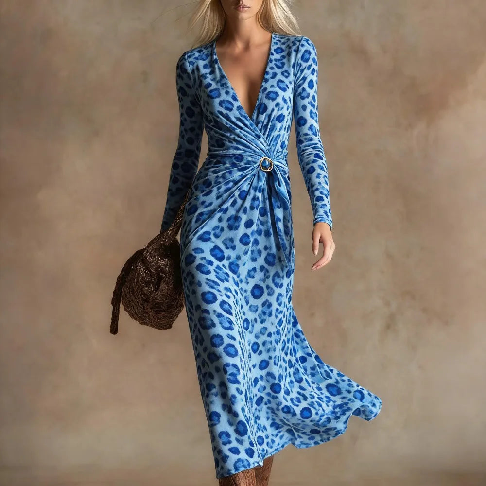 Leopard Print Maxi Dress – Twist Front – Polyester – Leopard | KIMLUD