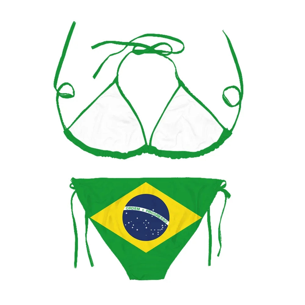 3D Printed Brazil Flag Bikini Set Adjustable Lace-Up — Green | KIMLUD