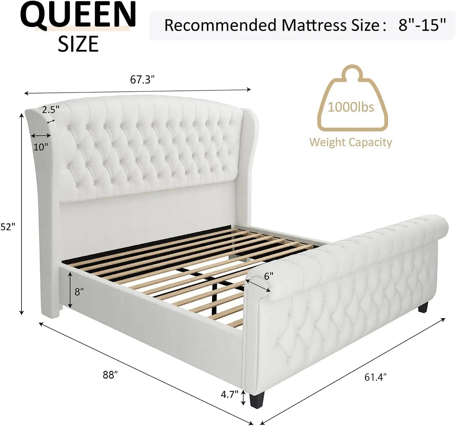 Chenille Upholstered Sleigh Platform Bed Frame — Ivory | KIMLUD