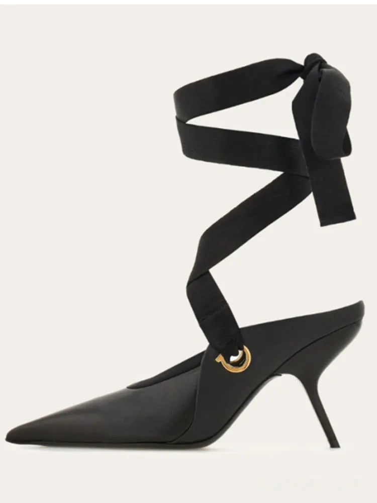 Microfiber Stiletto Ballet Sandals With Delicate Ankle Ribbons For Evening Soirees — Smoky Taupe | KIMLUD