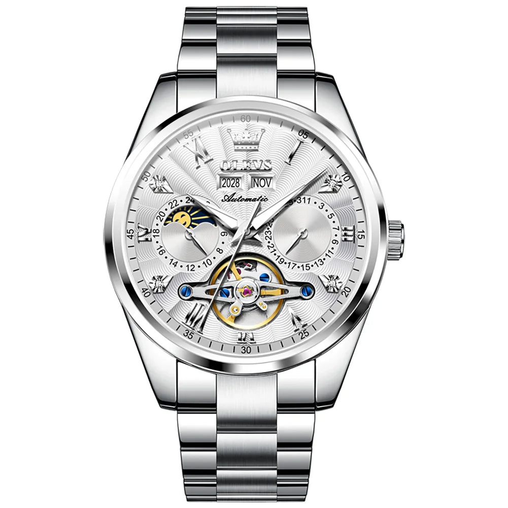 OLEVS Men's Watches Tourbillon Style Trend Fashion Original Automatic Mechanical Wristwatch Waterpoorf Luminous Moon Phase Clock