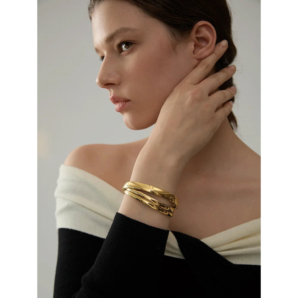 Yhpup 60mm Waterproof 316L Stainless Steel Round Smooth Bracelet Bangle Women Minimalist 18k Gold Color Texture Charm Jewelry - KIMLUD