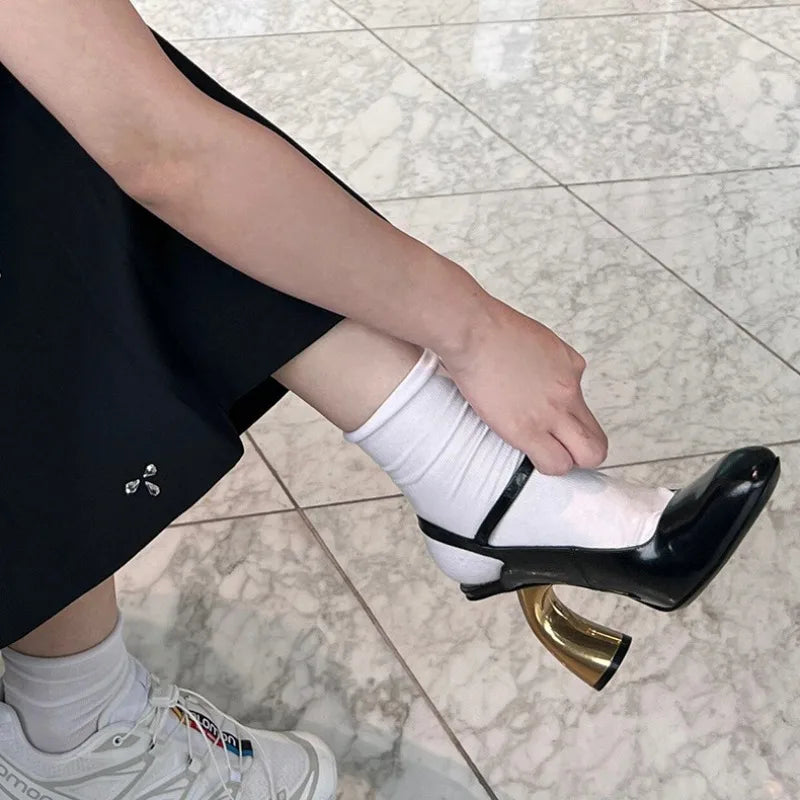 Leather Cross Strap Irregular Heel Sandals — Black | KIMLUD