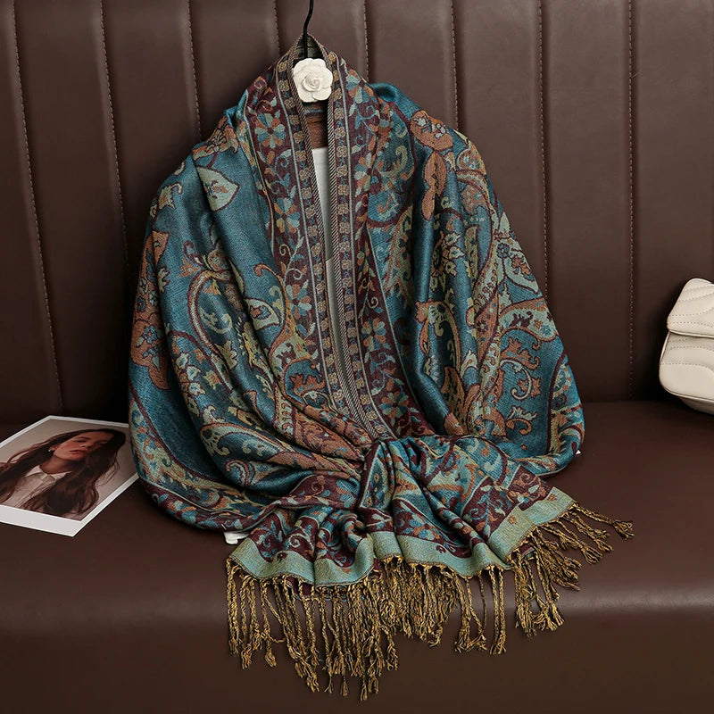 Cashmere Pashmina Shawl With Autumn Print Design, Olive Accents And Gold-Toned Fringe — Red | KIMLUD