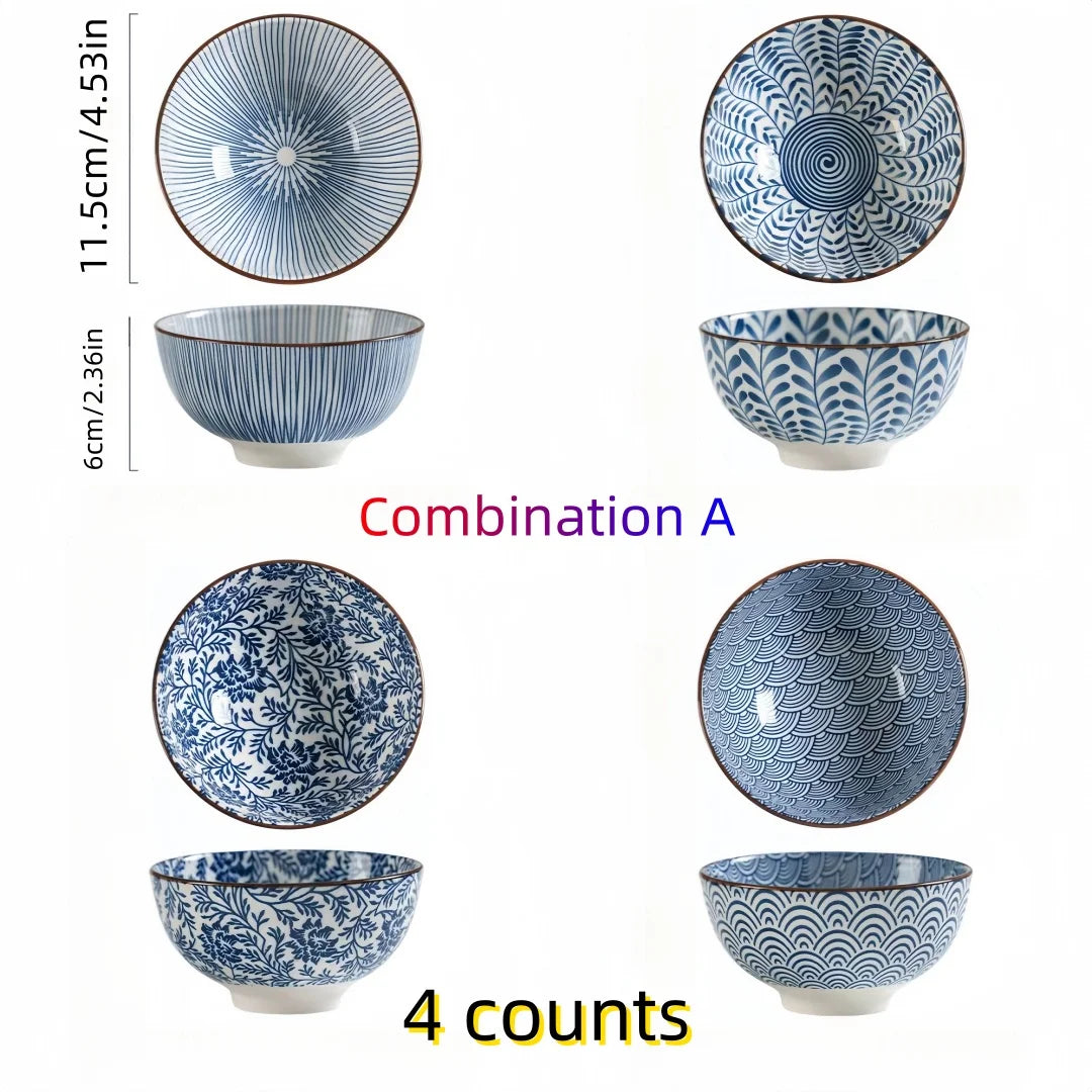 Hand Painted Ceramic Rice Bowl 4.5 Inch With Retro Rim And Japanese Motif — Blue And White | KIMLUD