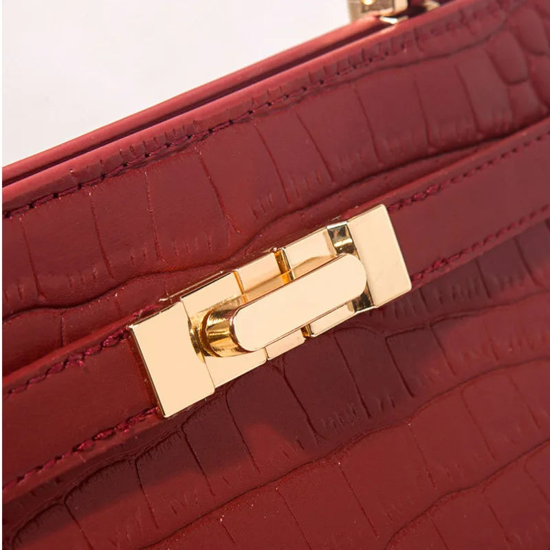 PU Leather Crocodile Satchel Bag — Burgundy | KIMLUD