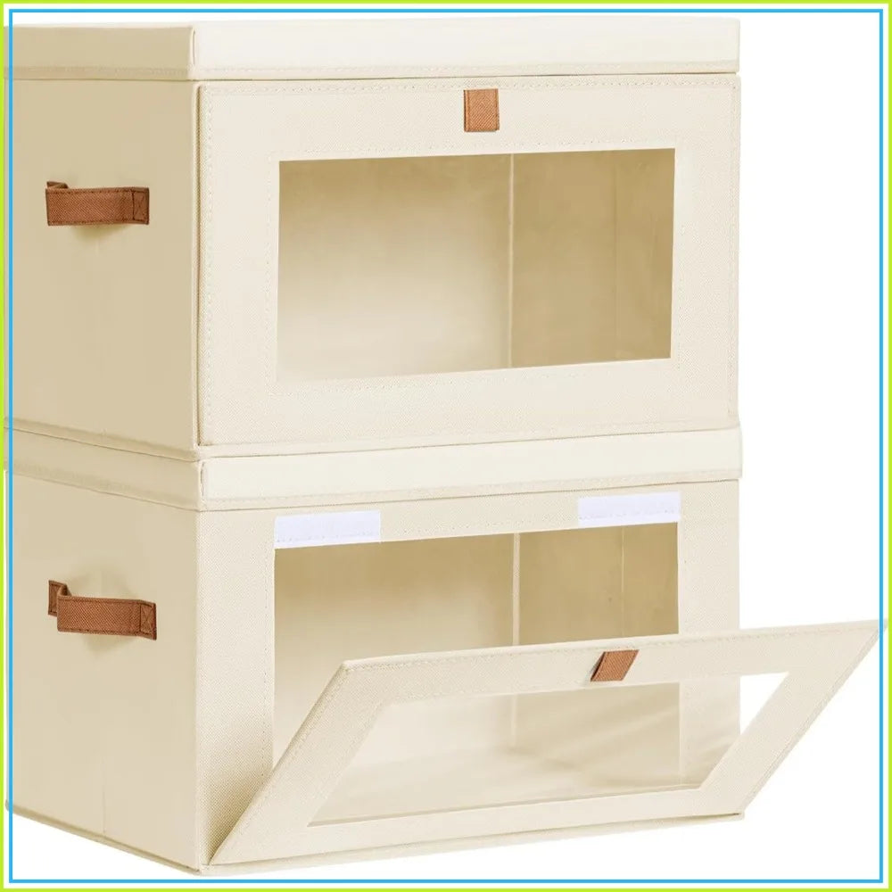 Fabric Storage Bins With Handles And Window — Beige | KIMLUD
