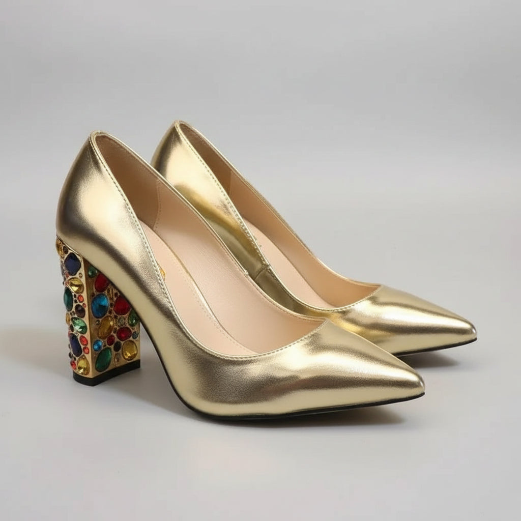 Metallic Gold Rhinestone Pumps With Crystals — Gold | KIMLUD