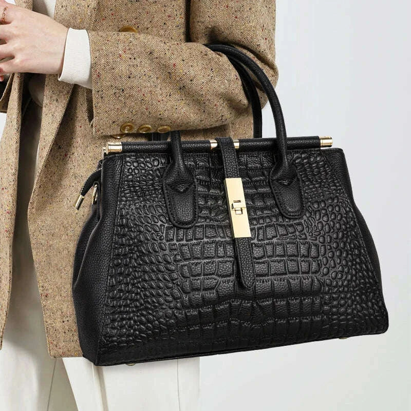 KIMLUD, Aidrani  Genuine leather women's handbag, large capacity crocodile patterned cowhide bag, black, KIMLUD Womens Clothes