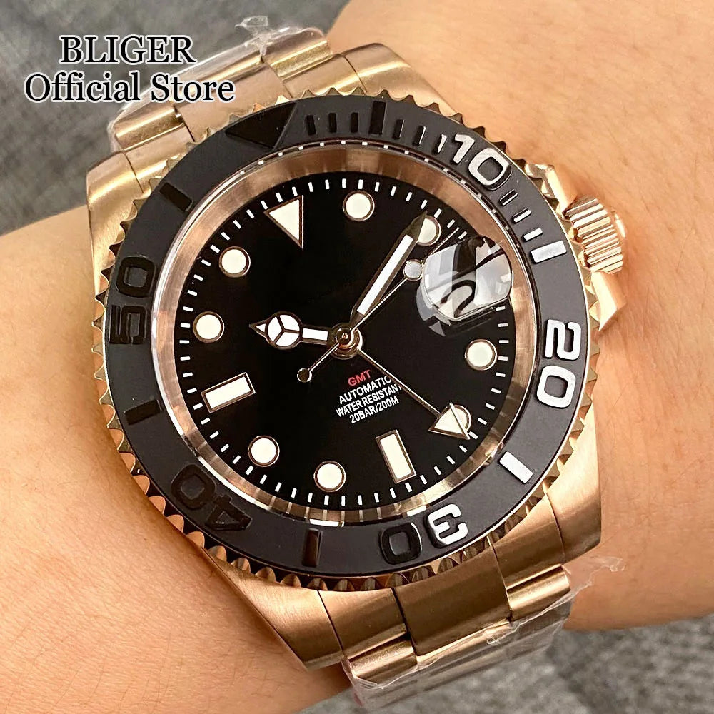 20ATM Waterproof 40mm Rose Gold NH34 GMT Automatic Watch For Men Steel Strap Ceramics Bezel Sapphire Glass Luminous
