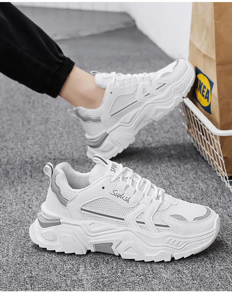 New Fashion Mens Thick Sole Platform Sneakers Breathable Mesh Lightweight Low Top Dad Shoes Casual Sports Walking Shoes