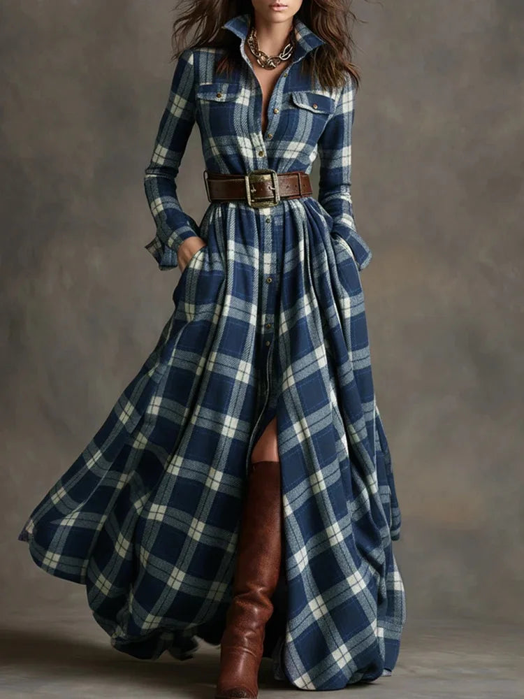 Polyester A-Line Dress Plaid Belted Retro Long Sleeve Turn-Down Collar — Black | KIMLUD