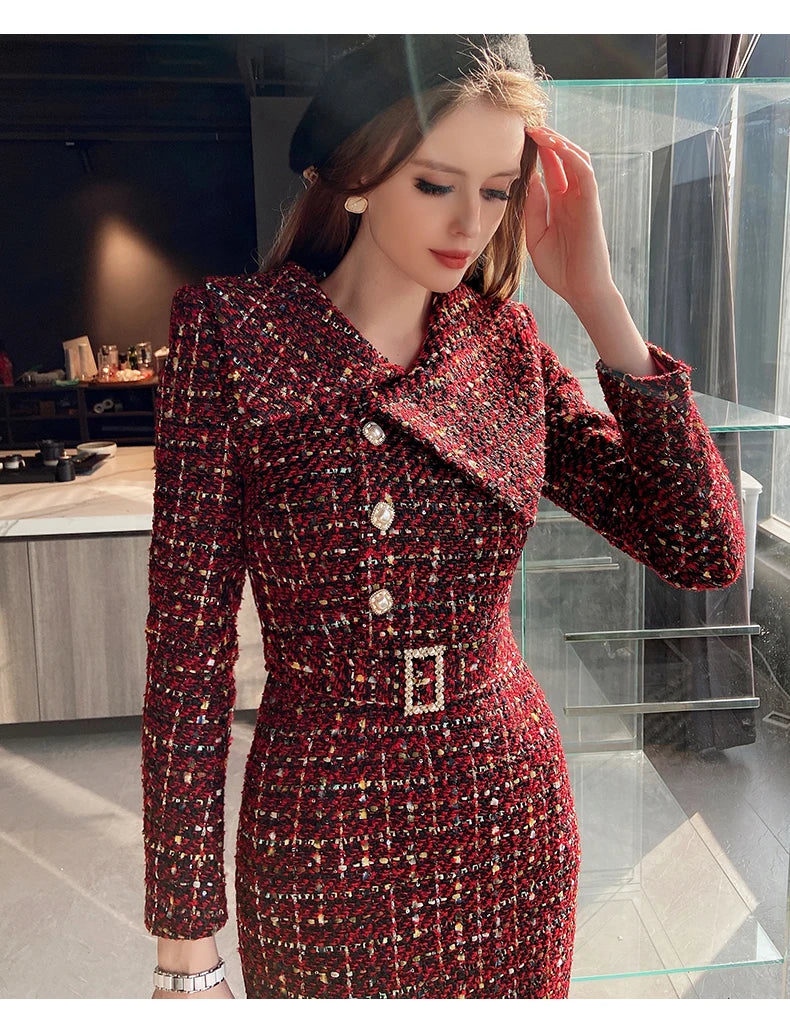 Tweed Dress Asymmetric Large Lapel Slimming — Black | KIMLUD