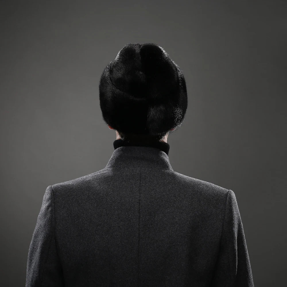 Mink Fur Winter Hat — Top-Hat Crown Silhouette — Deep Black | KIMLUD