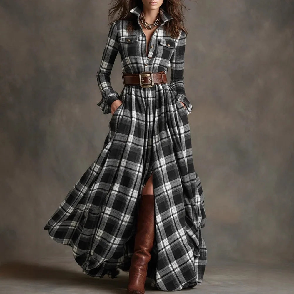 Polyester A-Line Dress Plaid Belted Retro Long Sleeve Turn-Down Collar — Black | KIMLUD