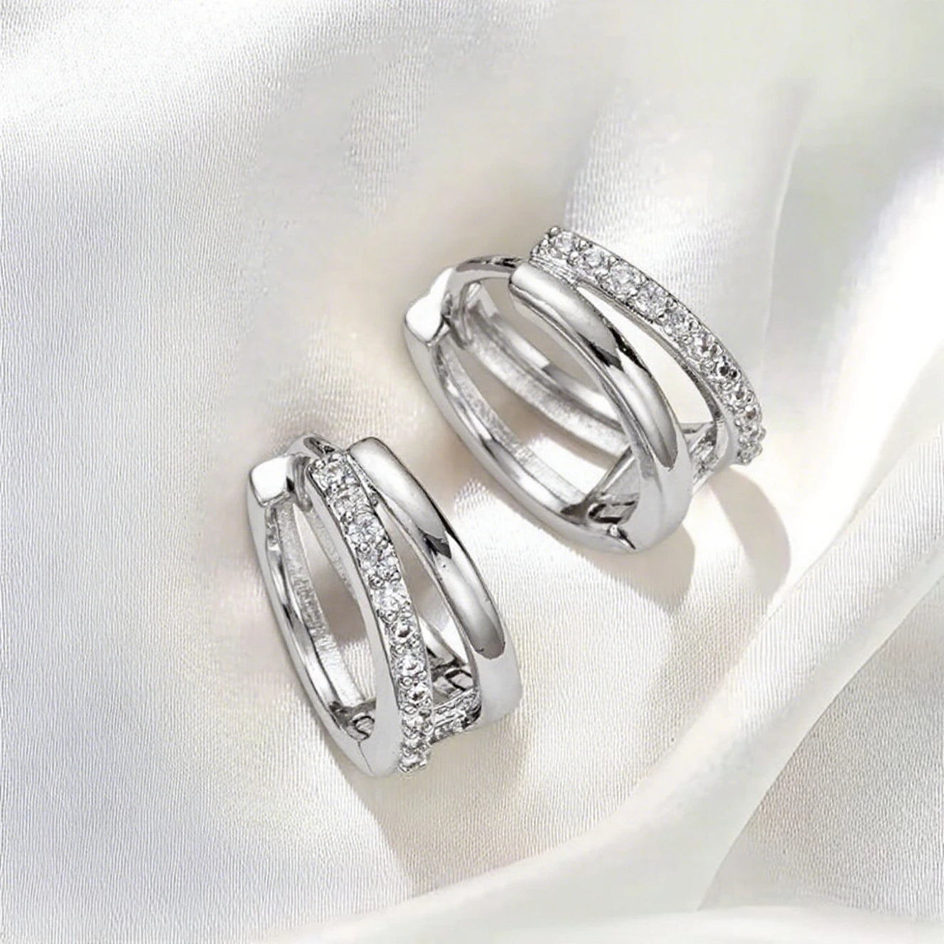Sterling Silver Hoop Earrings Dazzling CZ Stone — Silver | KIMLUD