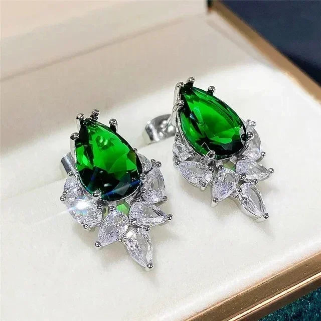 Cubic Zirconia Drop Earrings Water-Drop Inlaid — Emerald | KIMLUD