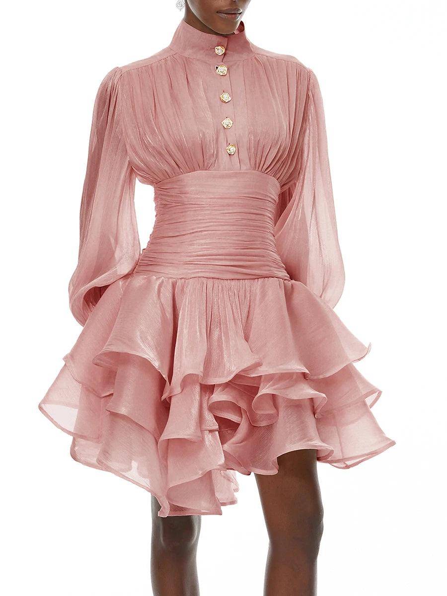 Elegant High Neck Organza Dresses Mini — Pink | KIMLUD